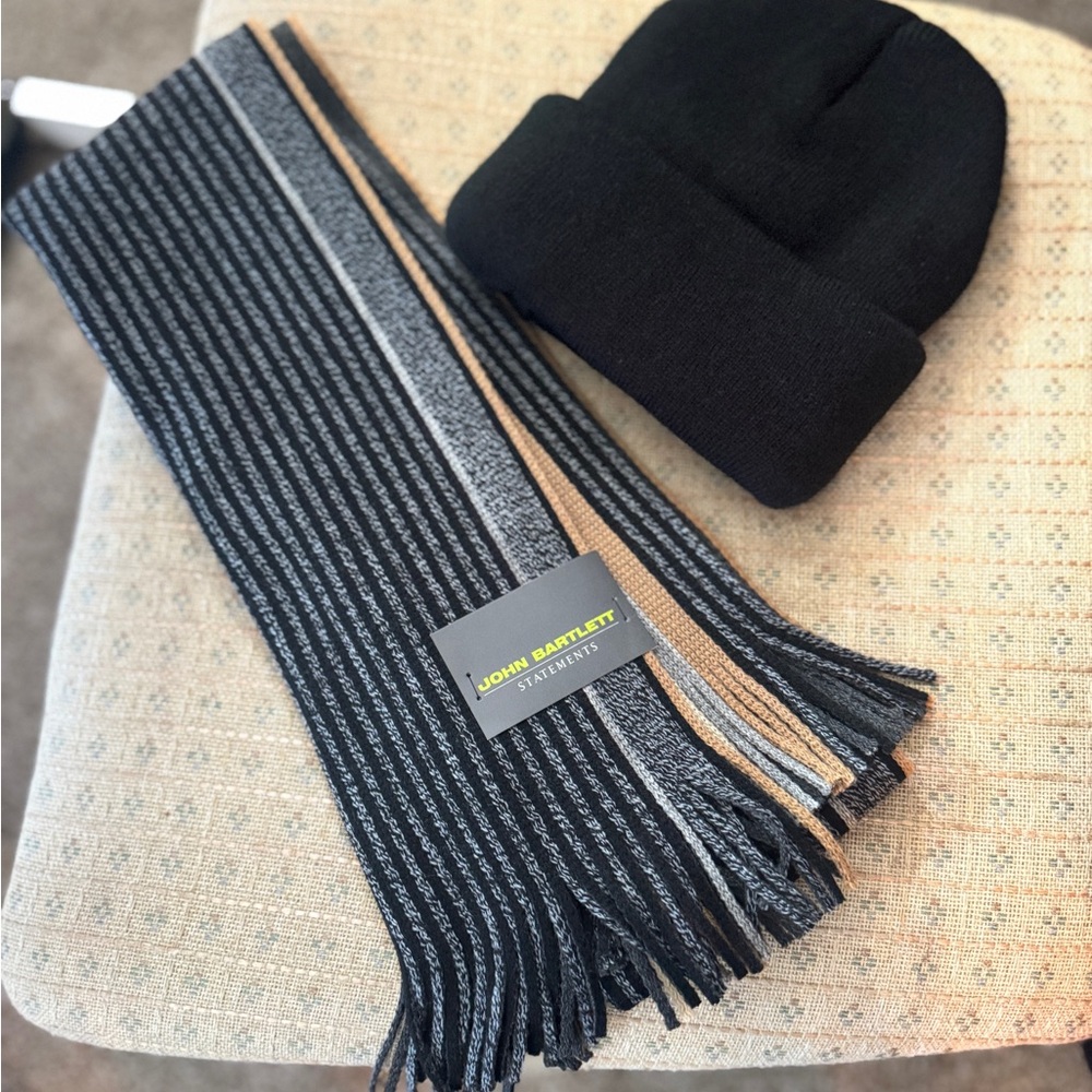John Bartlett Black, Gray, and Tan Scarf and Hat Set
